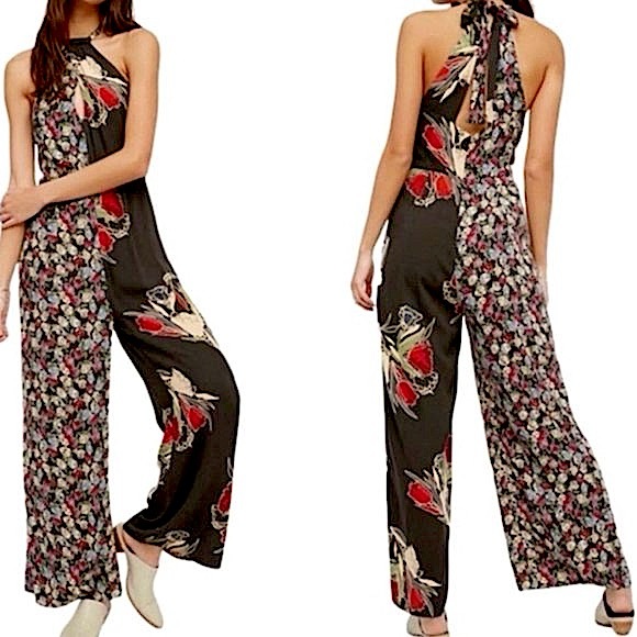 FREE PEOPLE Floral Halter Neck Jumpsuit Size 2 - Picture 1 of 12